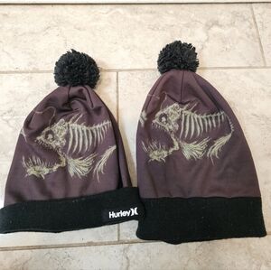 2 Hurley Youth Beanie Anglerfish / Piranah Skeleton Pom Cuff Knit Hats